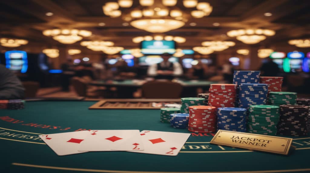 블랙잭 특별 규칙테이블 위에 놓인 숫자 7 카드 세 장과 'JACKPOT WINNER' 금색 명판, 그리고 쌓여있는 칩들